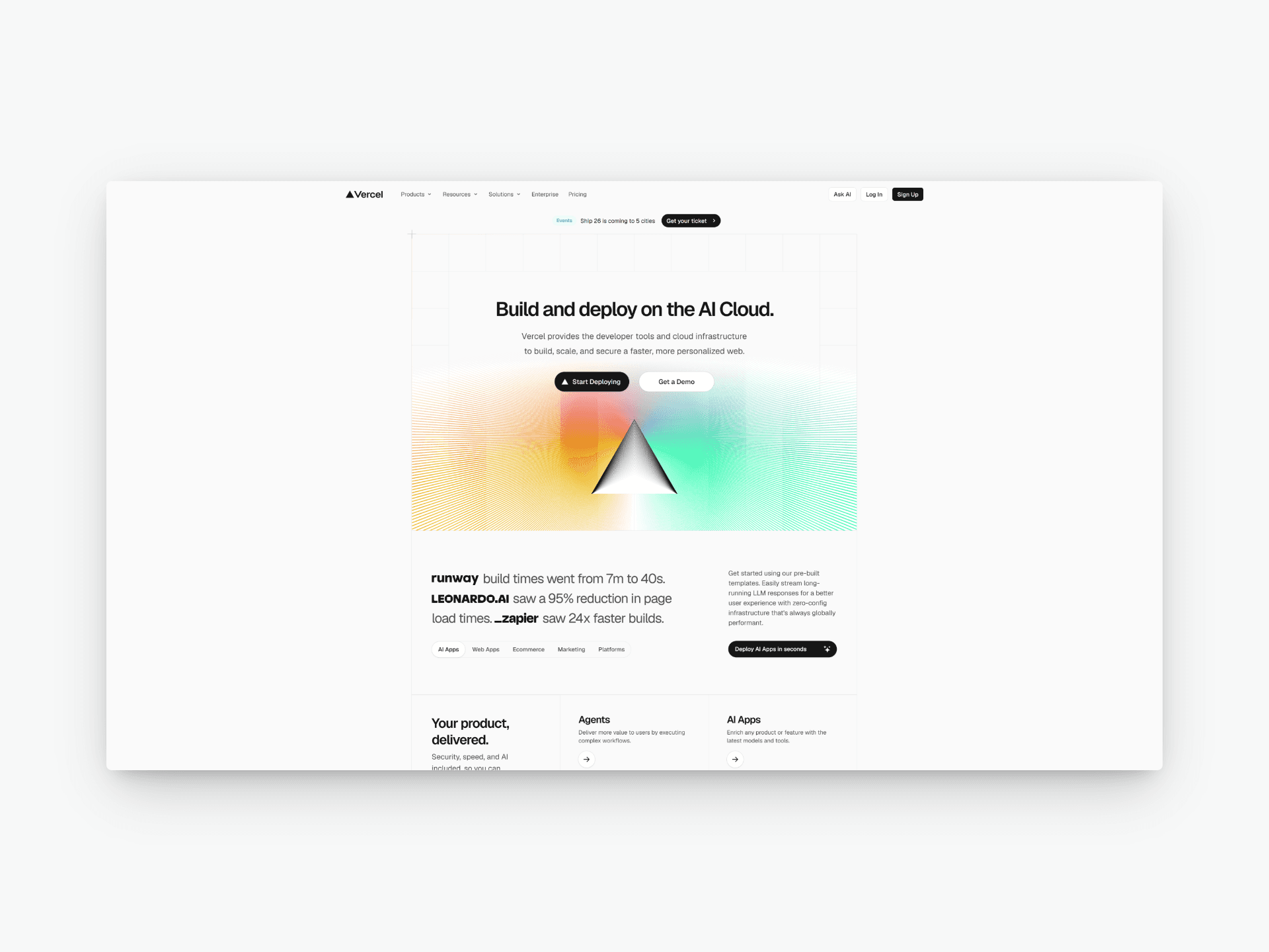 Vercel - Minimal, fast-loading homepage with a confident hero and clean grid layout. Great example of restrained design that puts the product front and center.