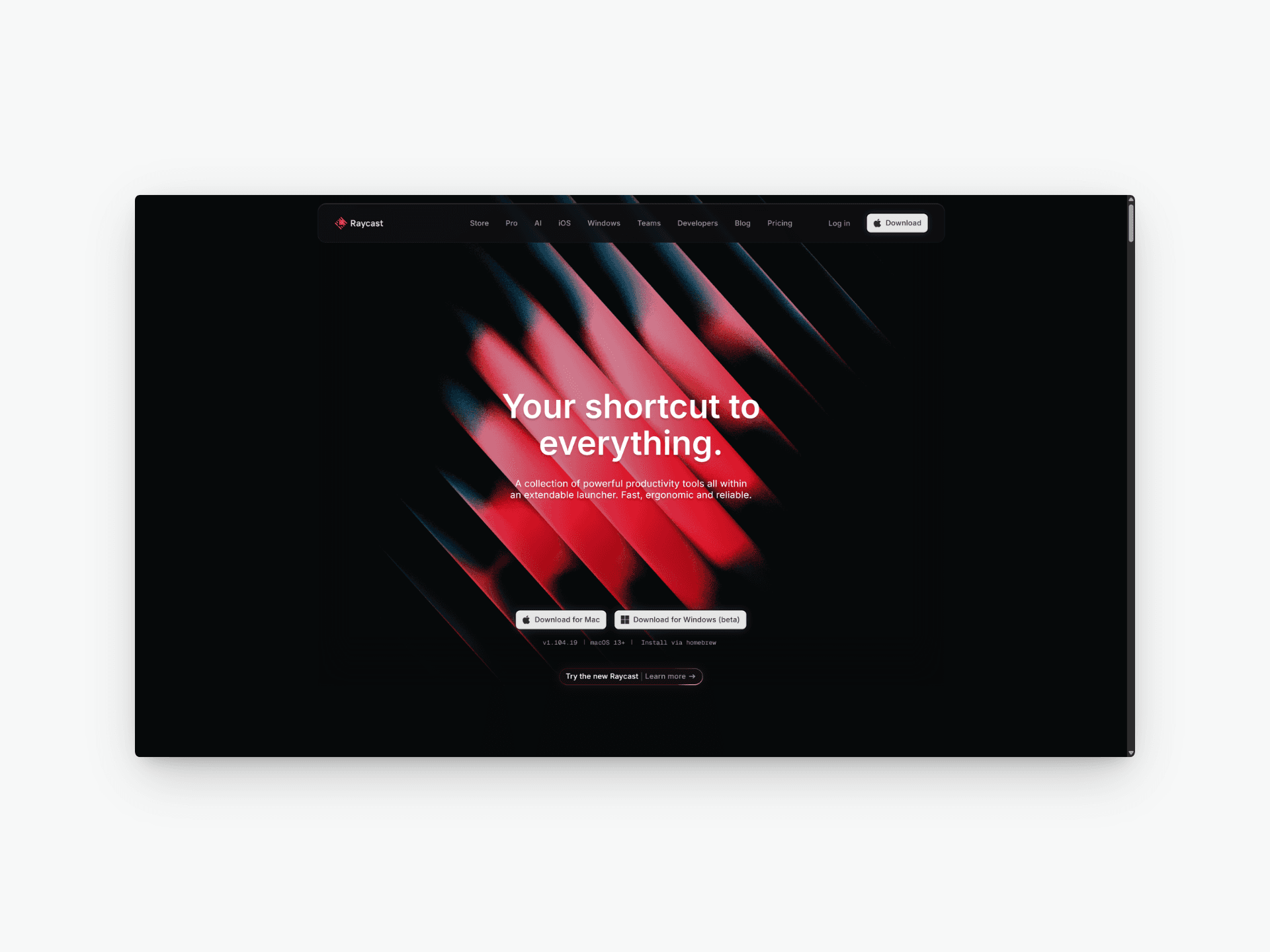 Raycast landing page screenshot showing dark-themed hero section with product preview.
