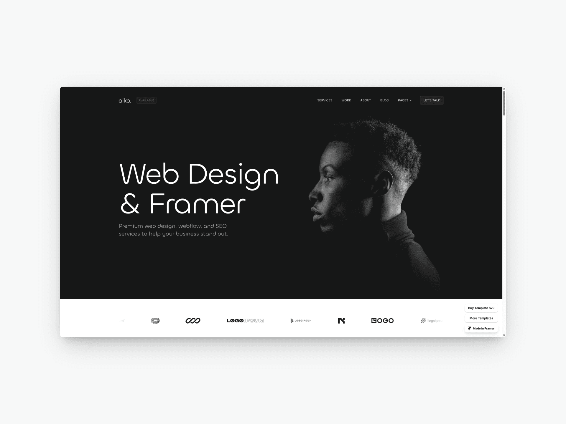 A modern, clean portfolio template combining simplicity with functionality. Features Framer CMS integration and full no-code customization via a built-in styleguide and pre-built components.